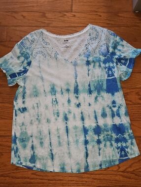 EVRI BLUE TIE DYE COTTON V NECK T SHIRT SZ OX